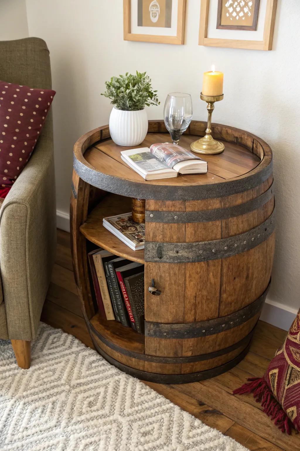 Turn a wooden barrel into a functional side table.