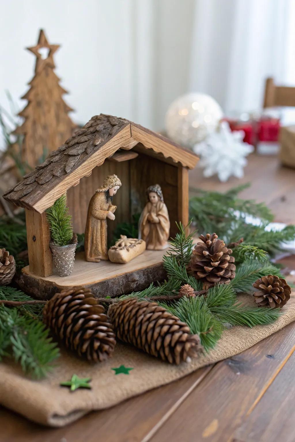 A rustic wooden nativity scene offers a warm and classic look.