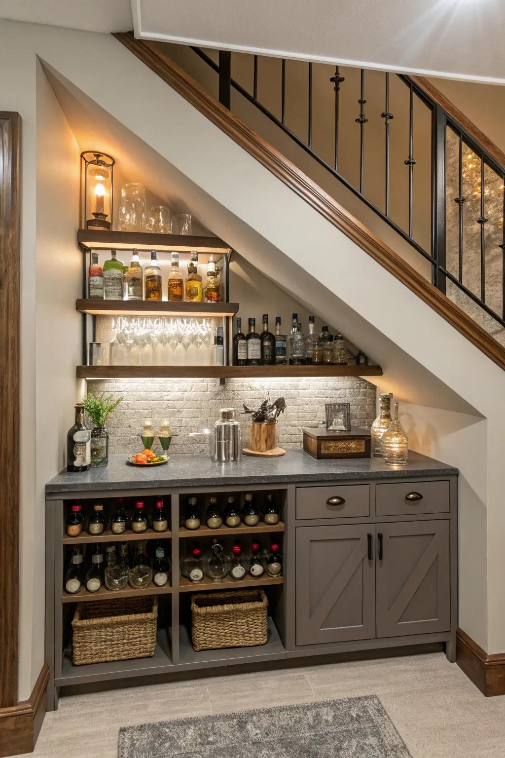 A clever under-the-stairs bar setup that maximizes space.