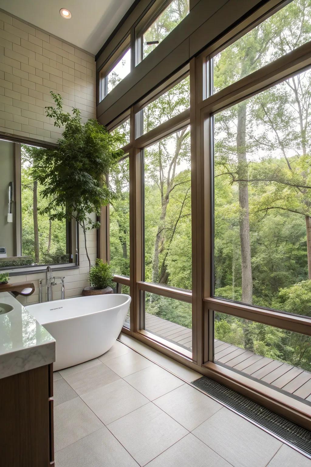 Natural light floods this master bathroom, creating a serene and uplifting environment.