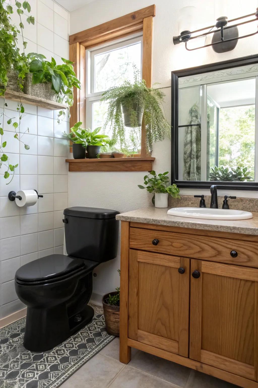 Natural wood elements soften the boldness of a black toilet.