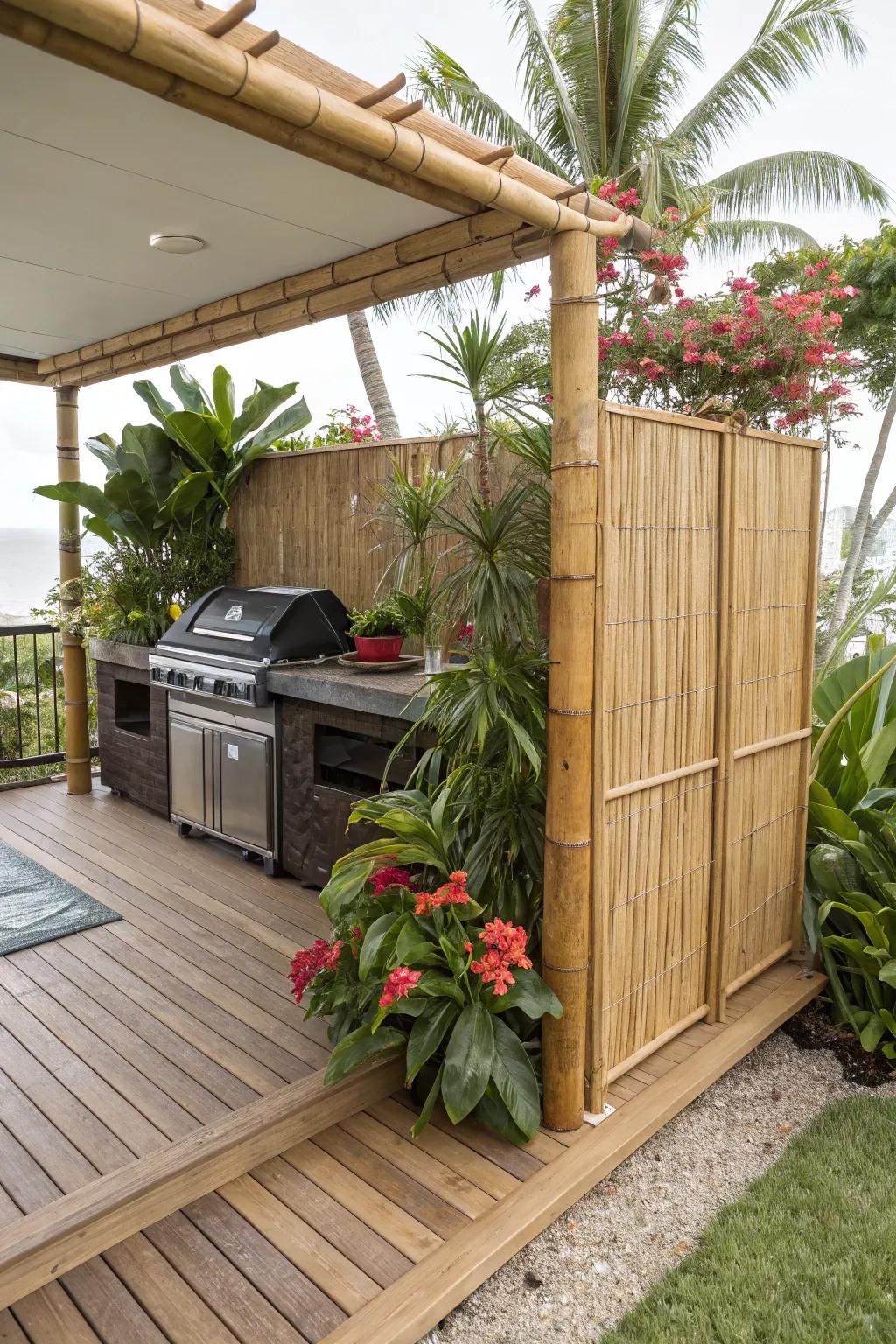 A bamboo screen provides privacy and a touch of tropical elegance.