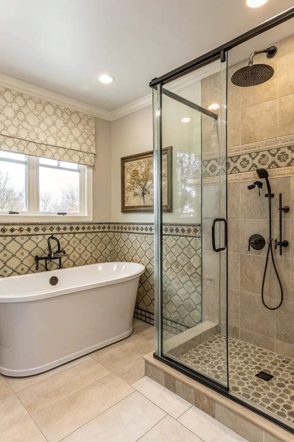 A combination tub and shower setup offering both style and functionality.