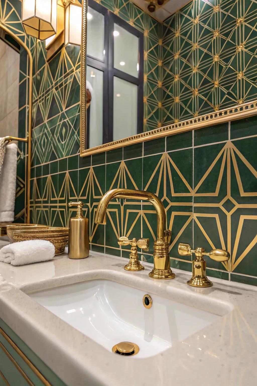 Art Deco-inspired bathroom with green and gold geometric patterns.