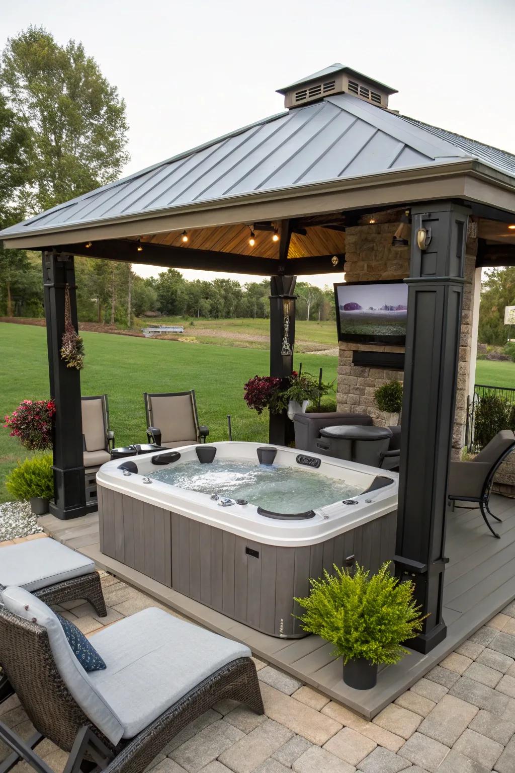 A gazebo can offer protection and style for your hot tub TV setup.