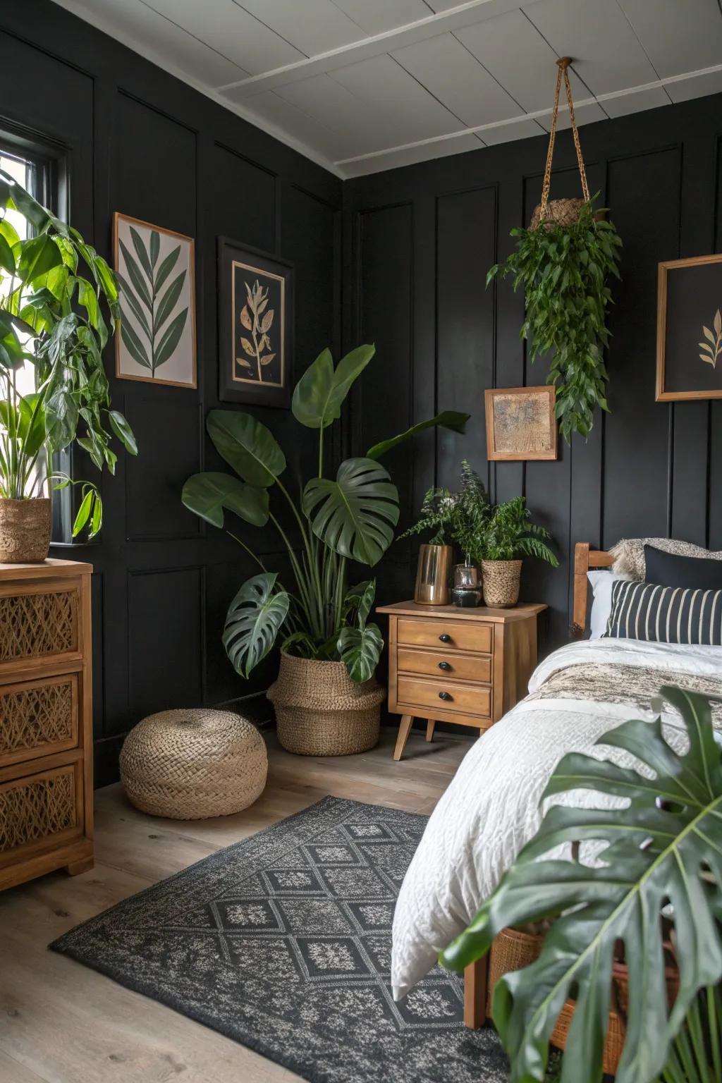 Natural elements like plants and wood bring warmth to this black bedroom.