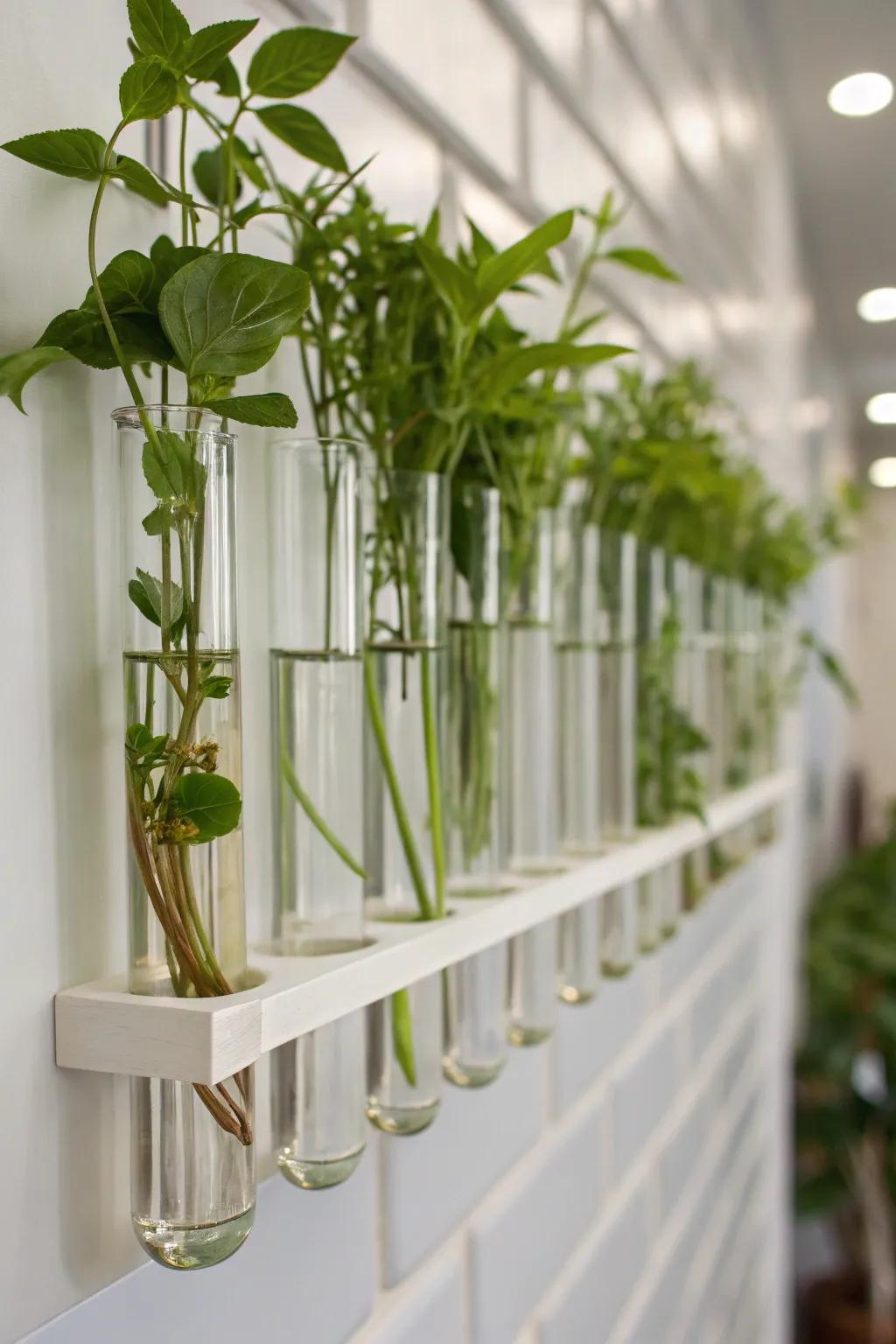 Hanging test tube vases add a dynamic touch to any room.