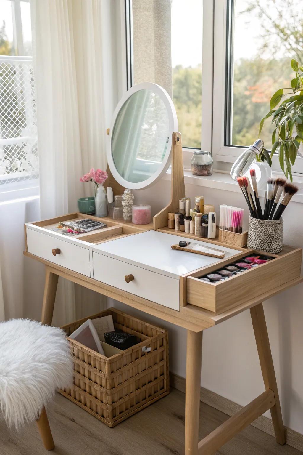 A desk cleverly converted into a vanity setup.