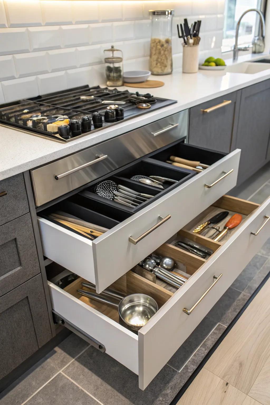 Optimize space with custom corner drawers for your kitchen.