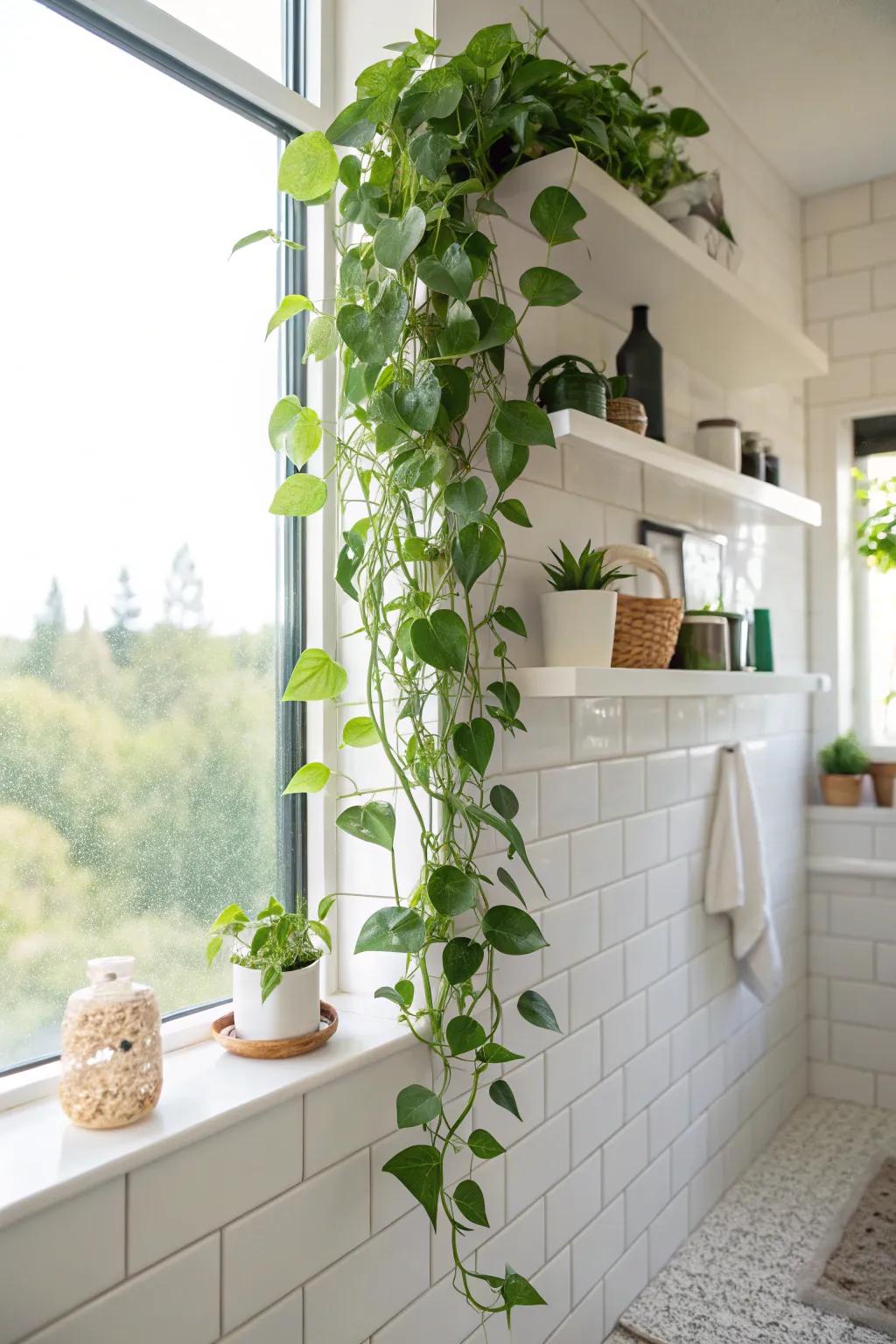 Pothos plants elegantly trail their vines, perfect for hanging in bathrooms.