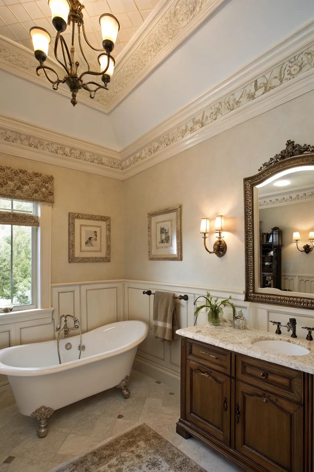 Crown molding on soffits adds a luxurious touch to bathrooms.