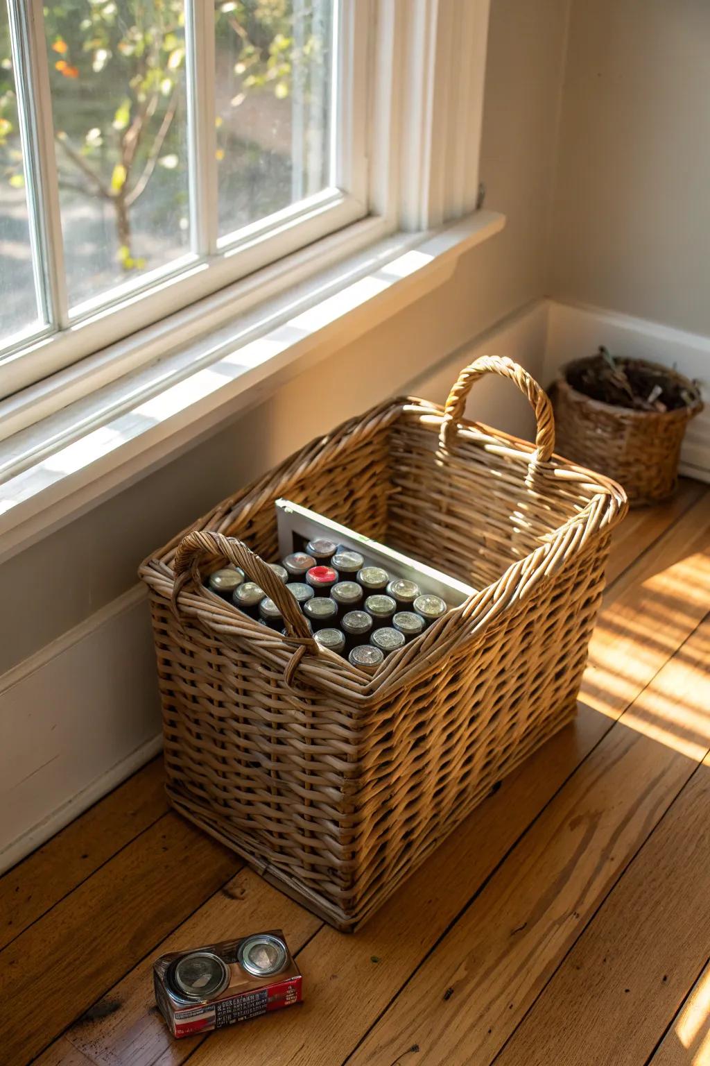 Wicker baskets add a natural element to battery storage.