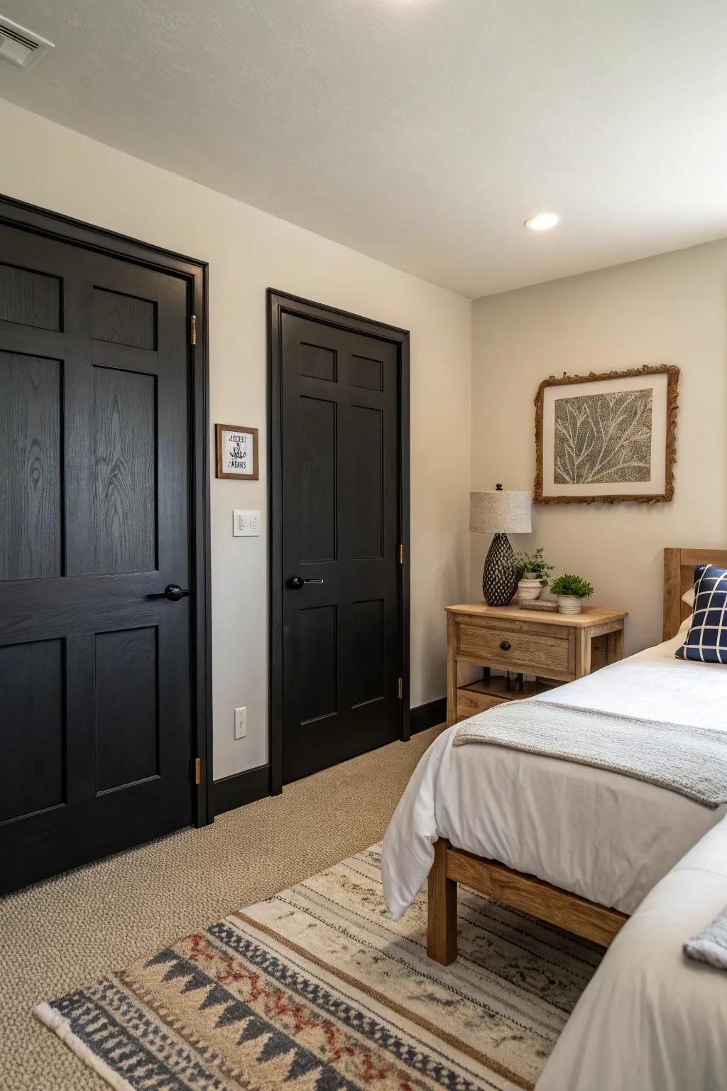 Black doors in a small room creating an illusion of depth.