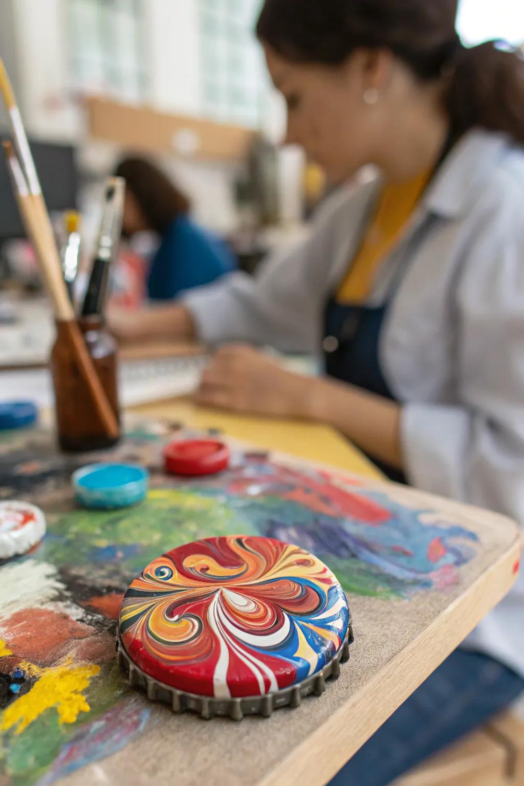 Abstract art bottle cap pins turn everyday wear into a colorful canvas.