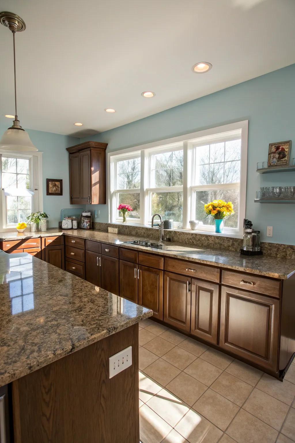 Pale blue walls create a calming atmosphere alongside brown granite countertops.