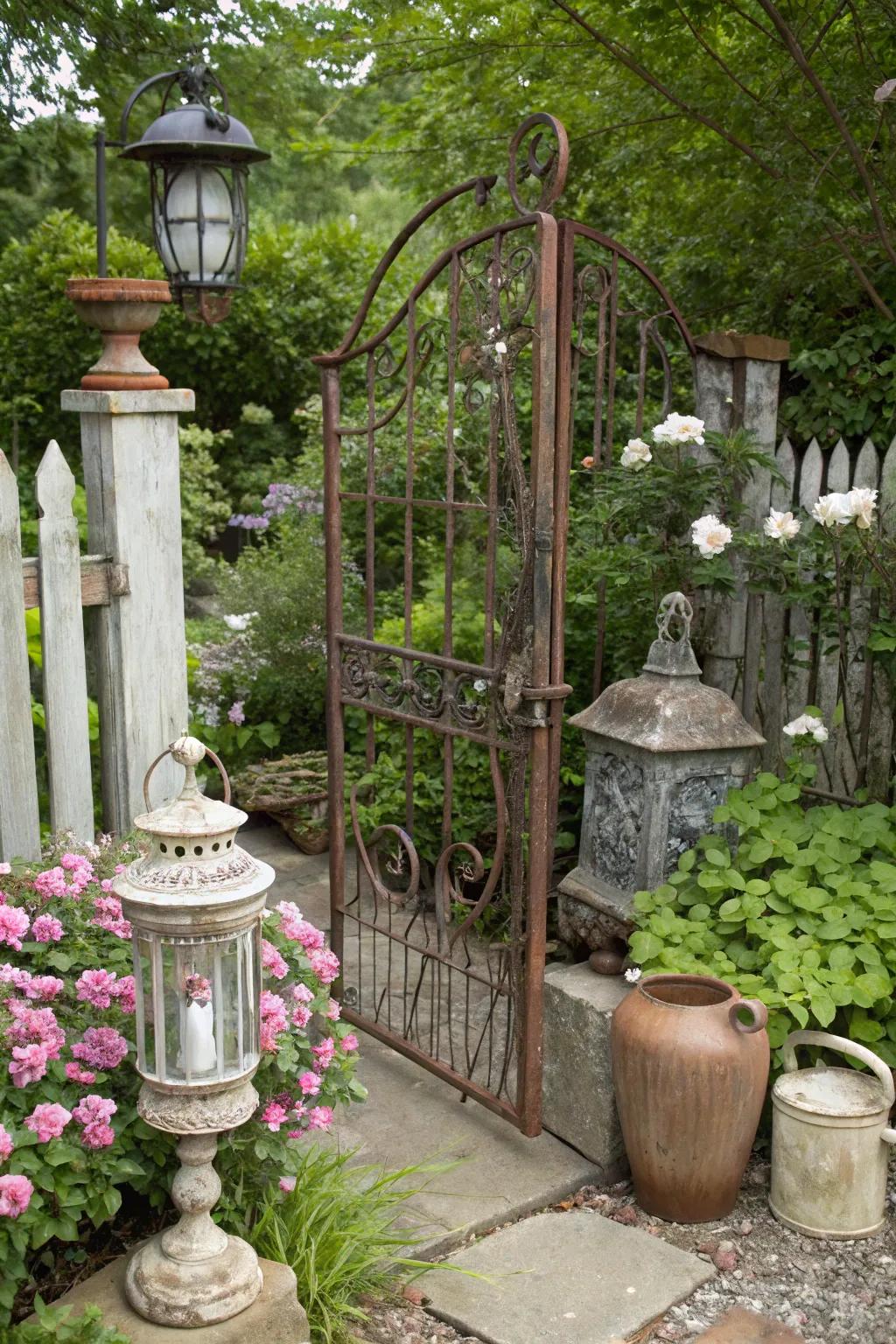 A garden gate with repurposed ironwork brings vintage charm to your outdoor space.