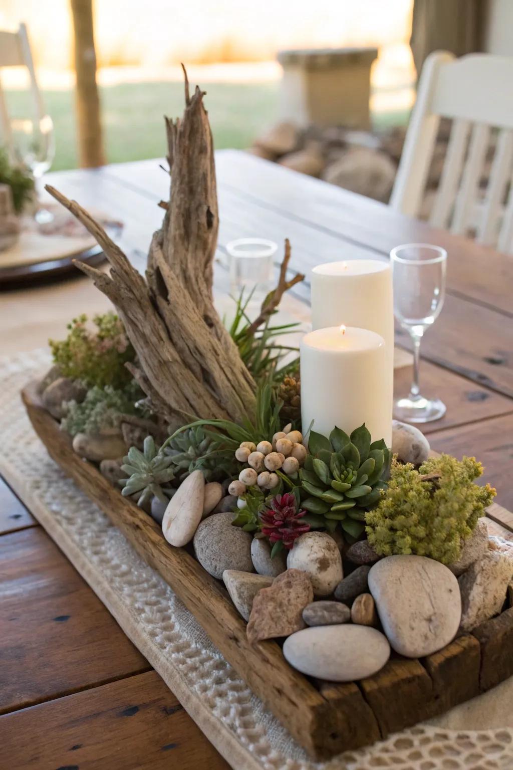 A nature-inspired centerpiece celebrating a love for the outdoors.