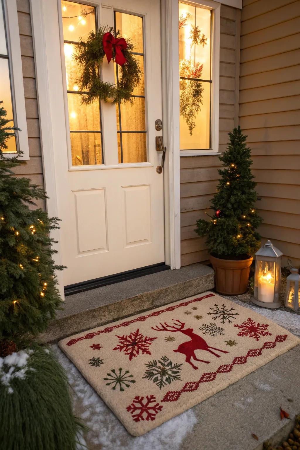 A festive door mat with a cheerful holiday message.