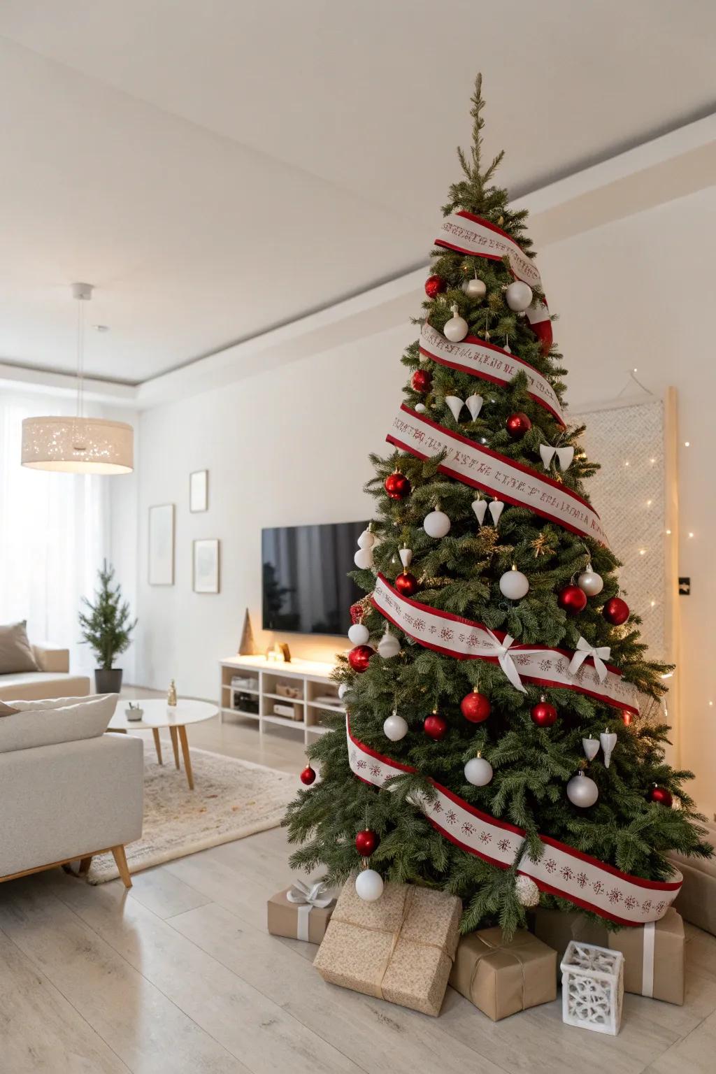 A minimalist Christmas tree featuring Scandinavian red-and-white ribbons, exuding a cozy and elegant vibe.