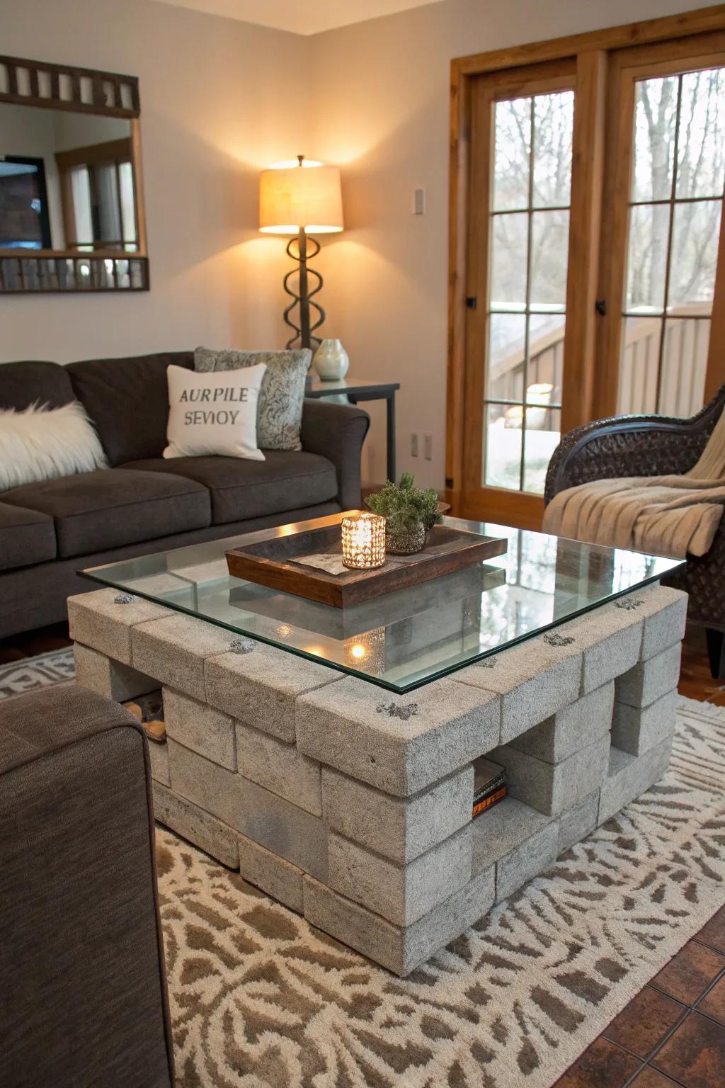 Craft a rustic yet modern cinder block coffee table.