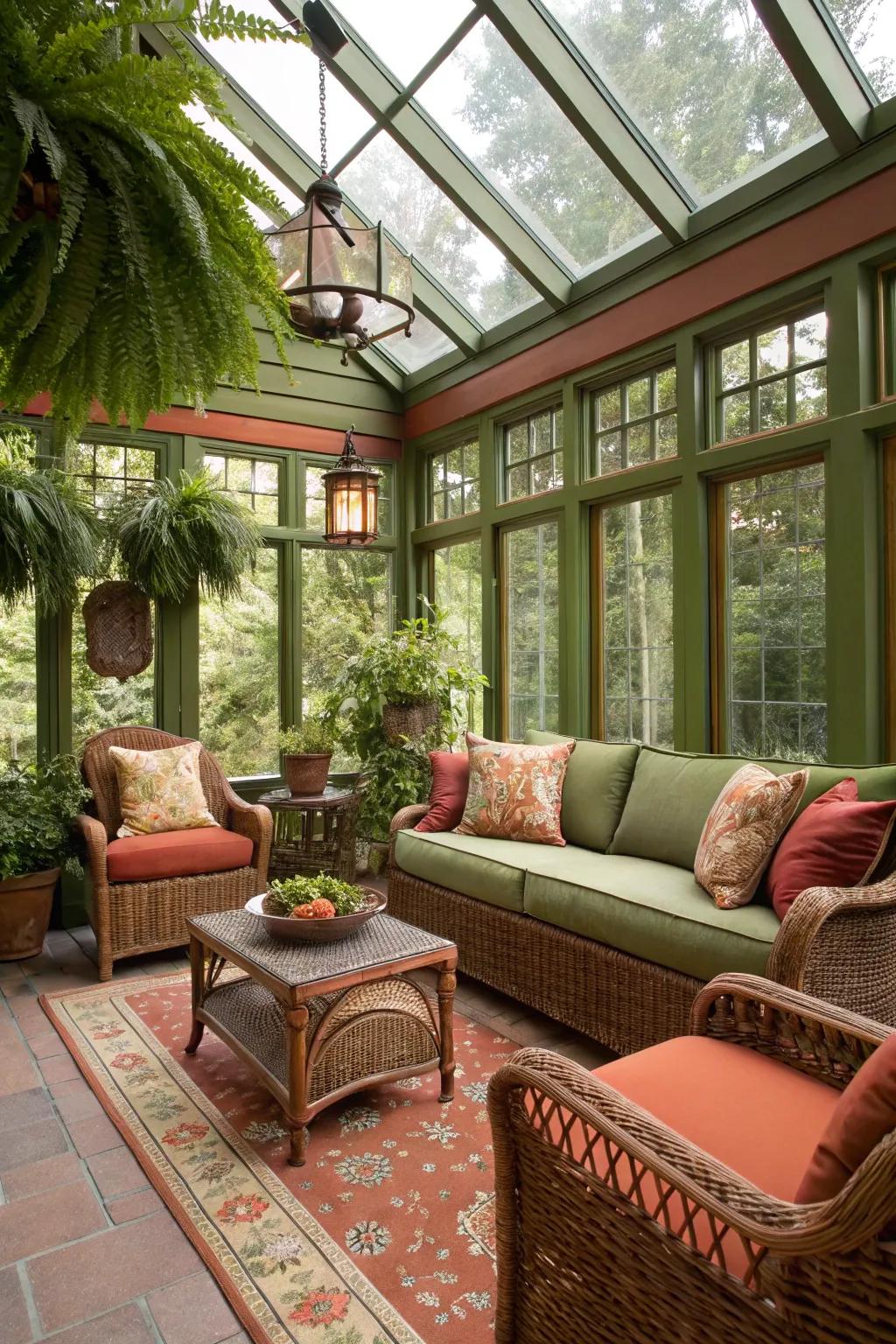 A sunroom that brings the outdoors in with rust and olive green decor.