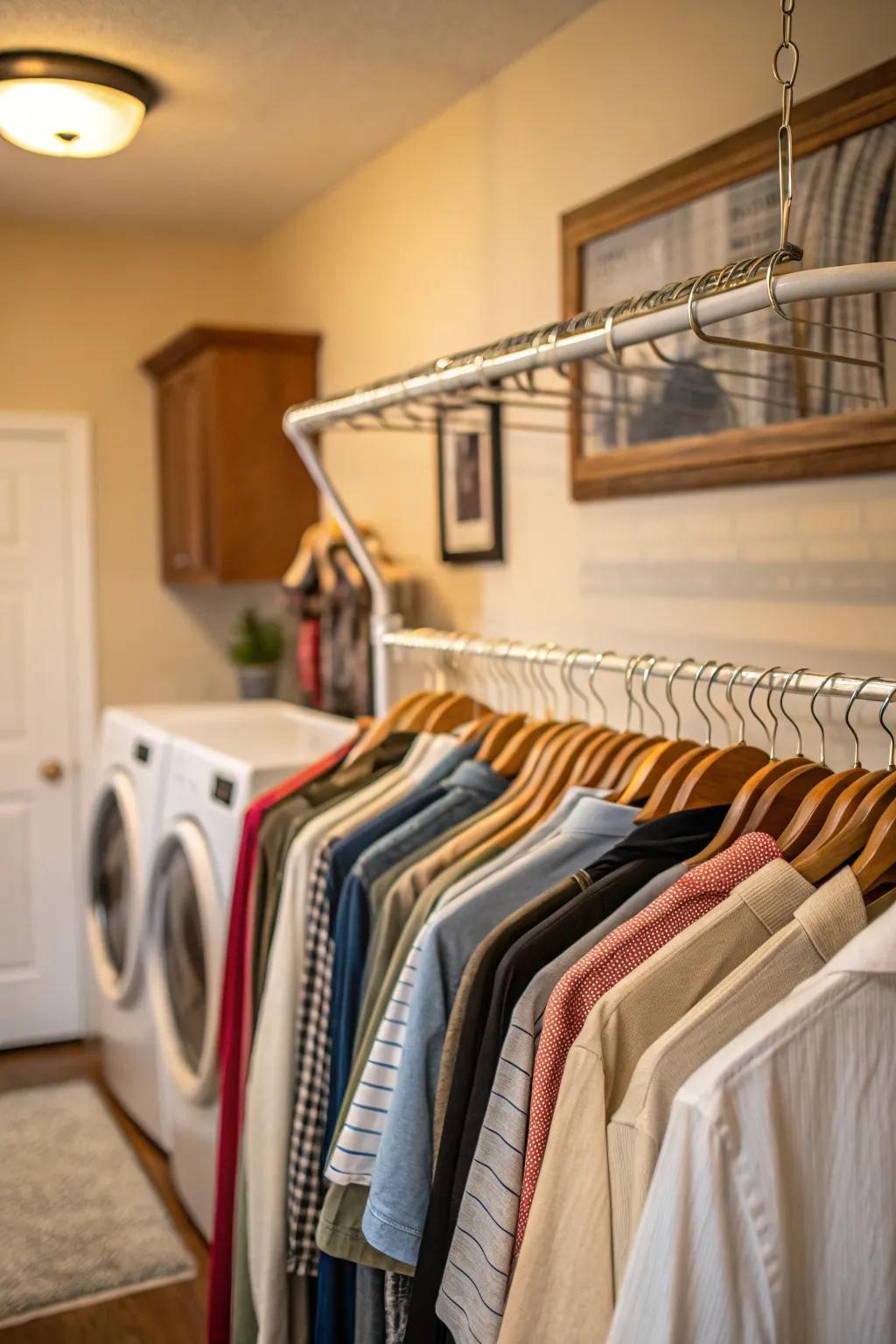 A convenient hanging rod for freshly laundered clothes.