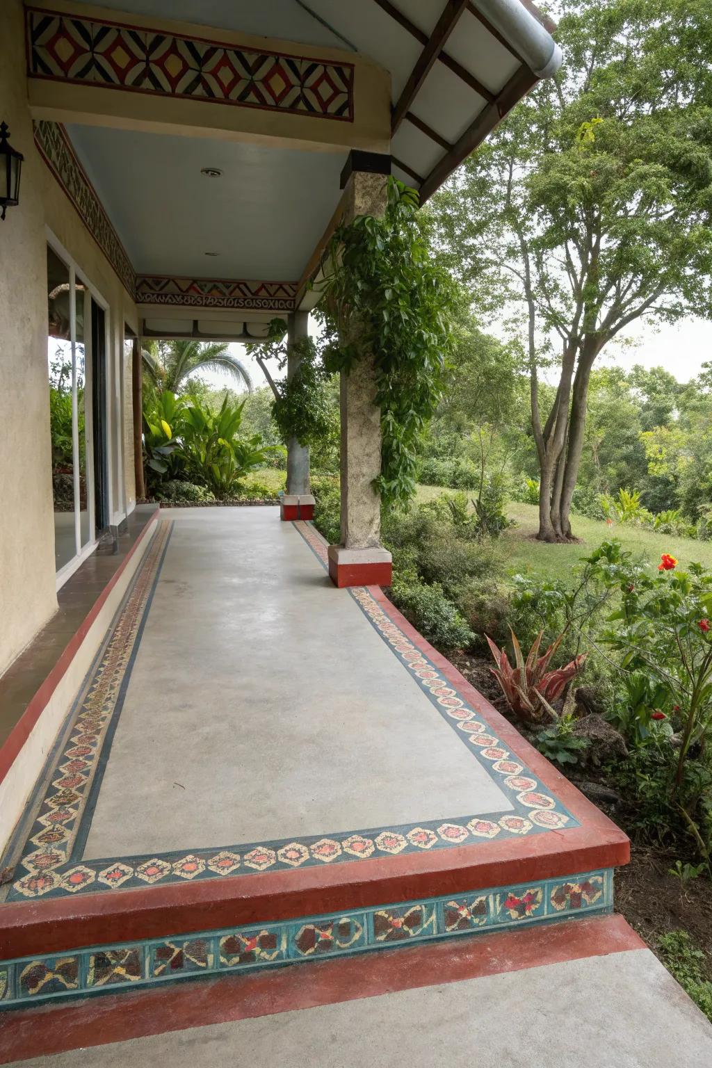 A decorative border defines and enhances a concrete porch.