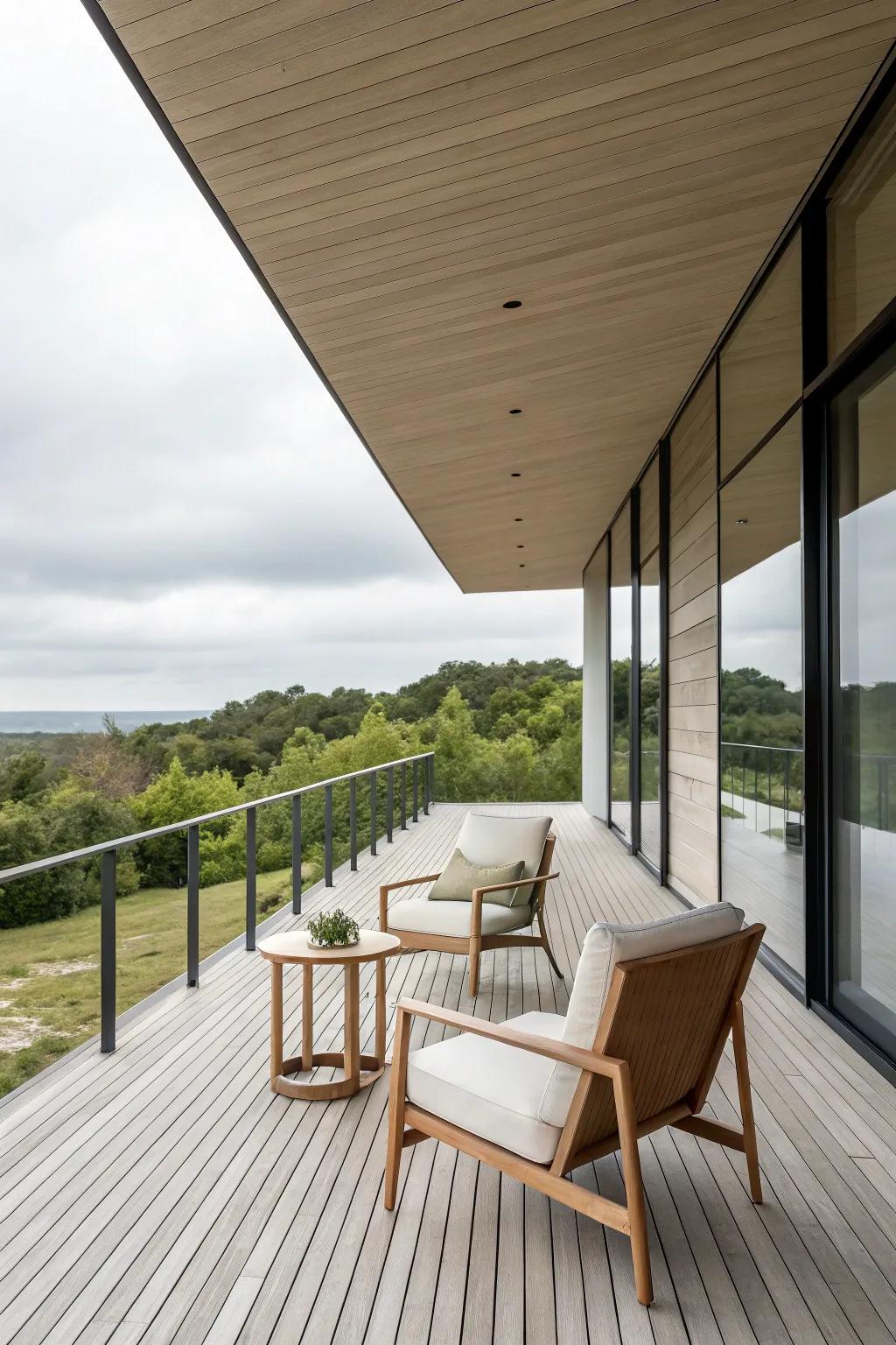 A modern overhang provides sleek and stylish coverage for this minimalist deck.