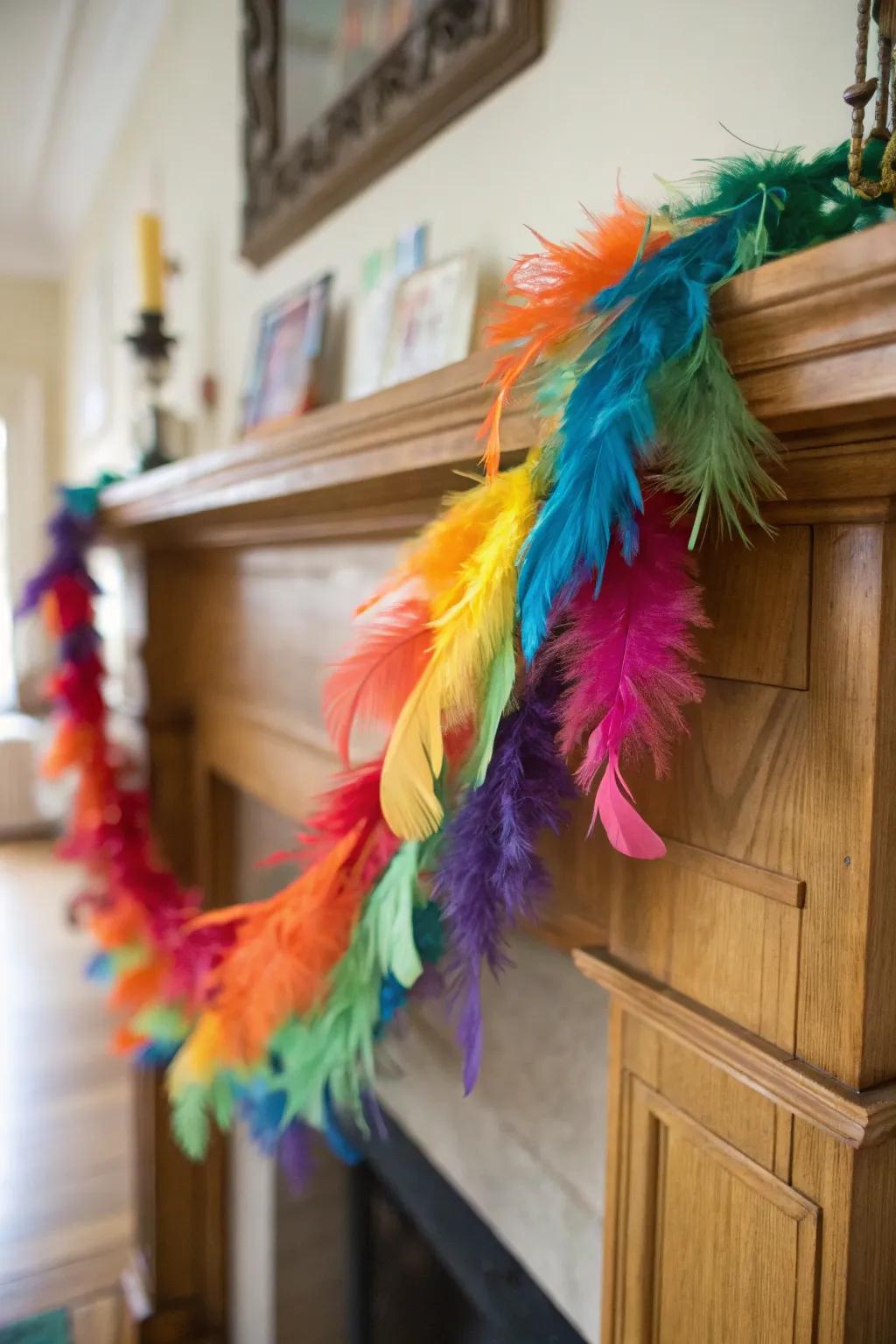 A colorful feather garland draped across a mantel.