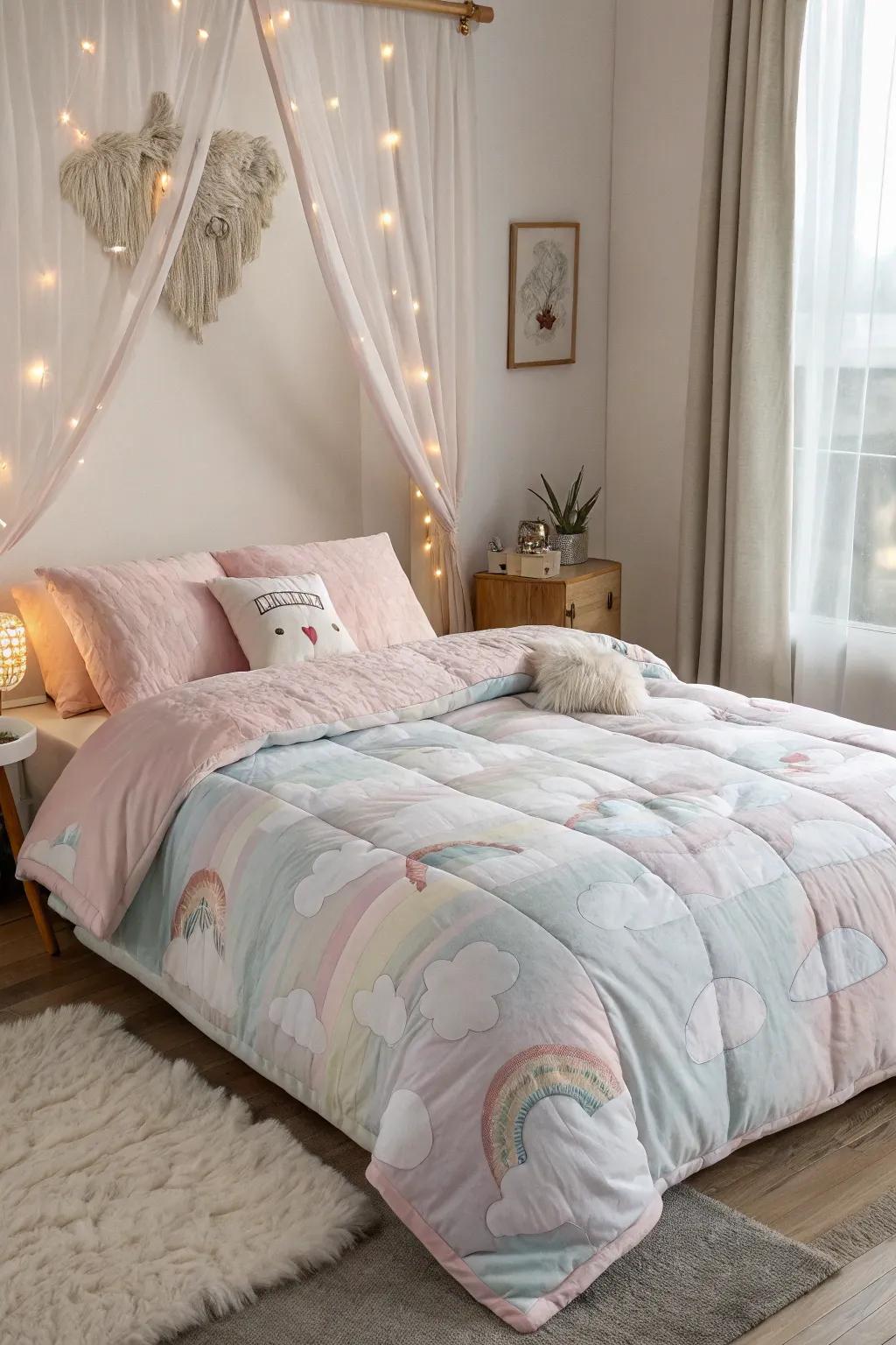 A plush, cloud-like bedspread in pastel colors creates a dreamy sanctuary.