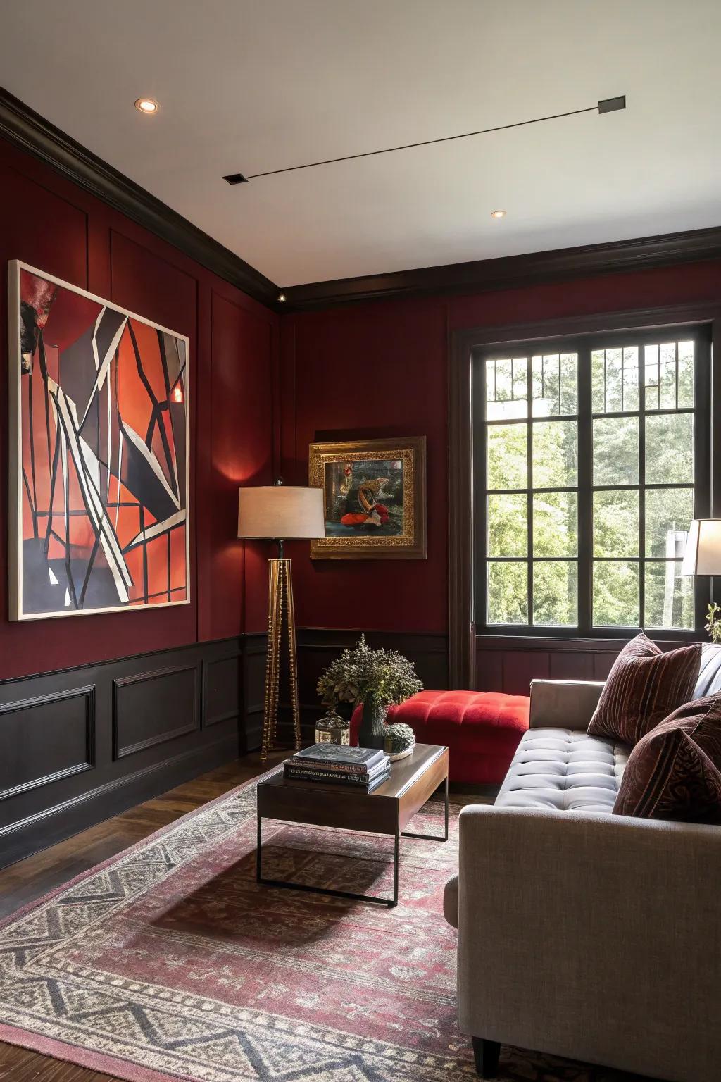 A striking living room with dark red walls and bold artwork.