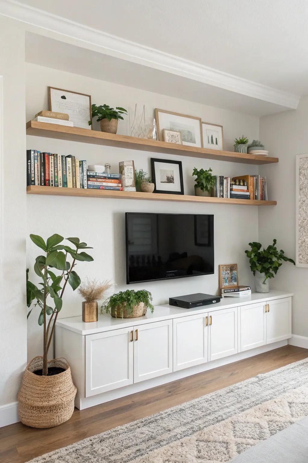 Floating shelves around a TV, providing storage and display in a minimalist living room.