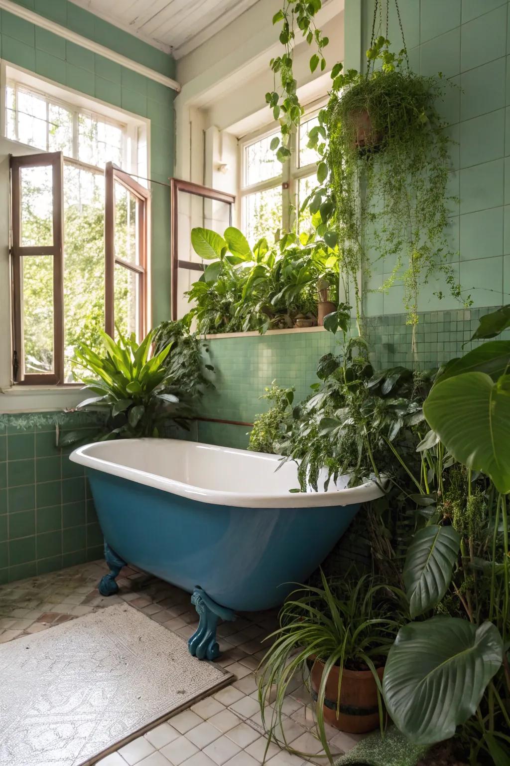 Greenery adds a fresh touch to the calming blue of the bathtub.