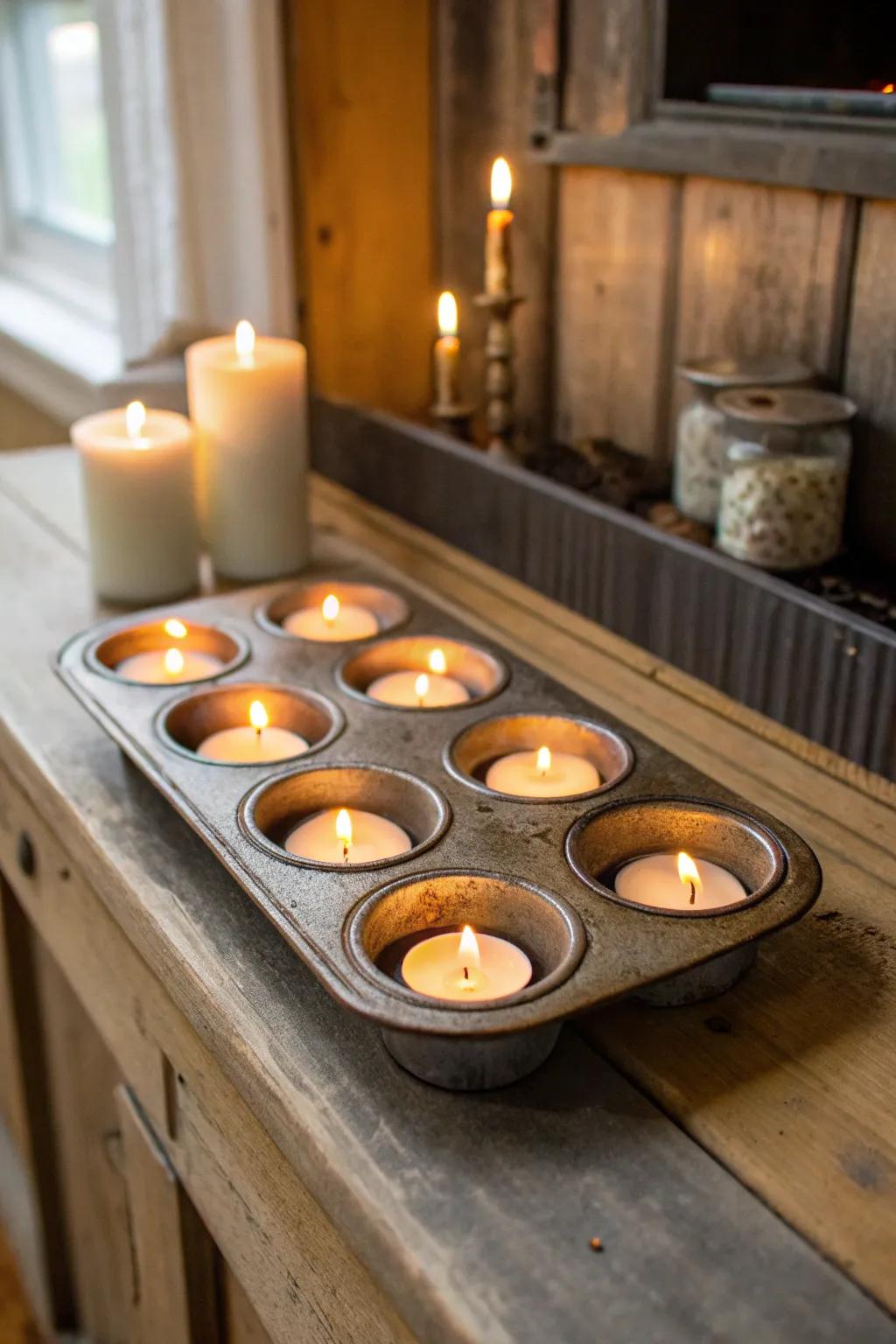 Vintage muffin tin repurposed as a charming candle holder.