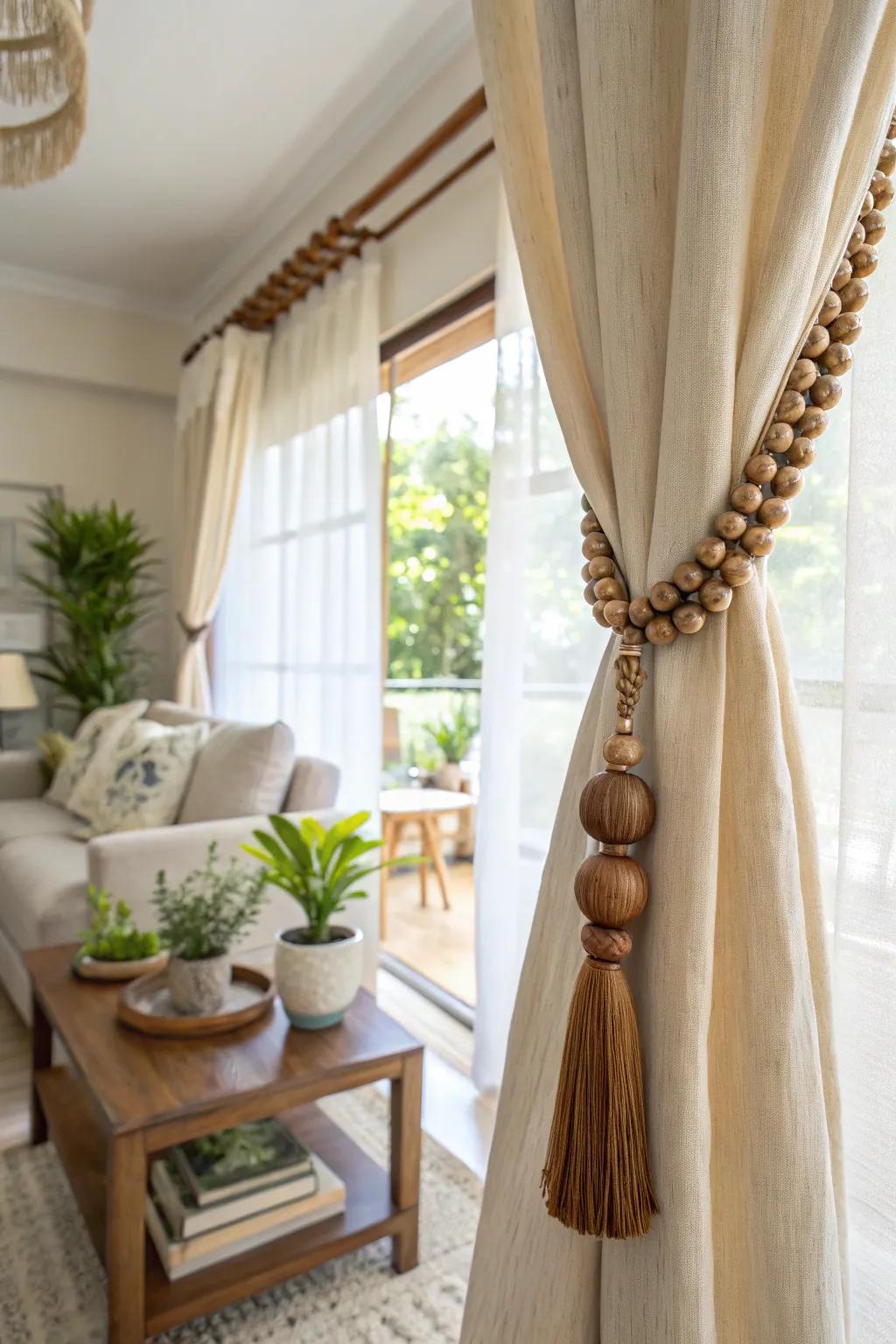 Curtains enhanced with wooden bead tiebacks.