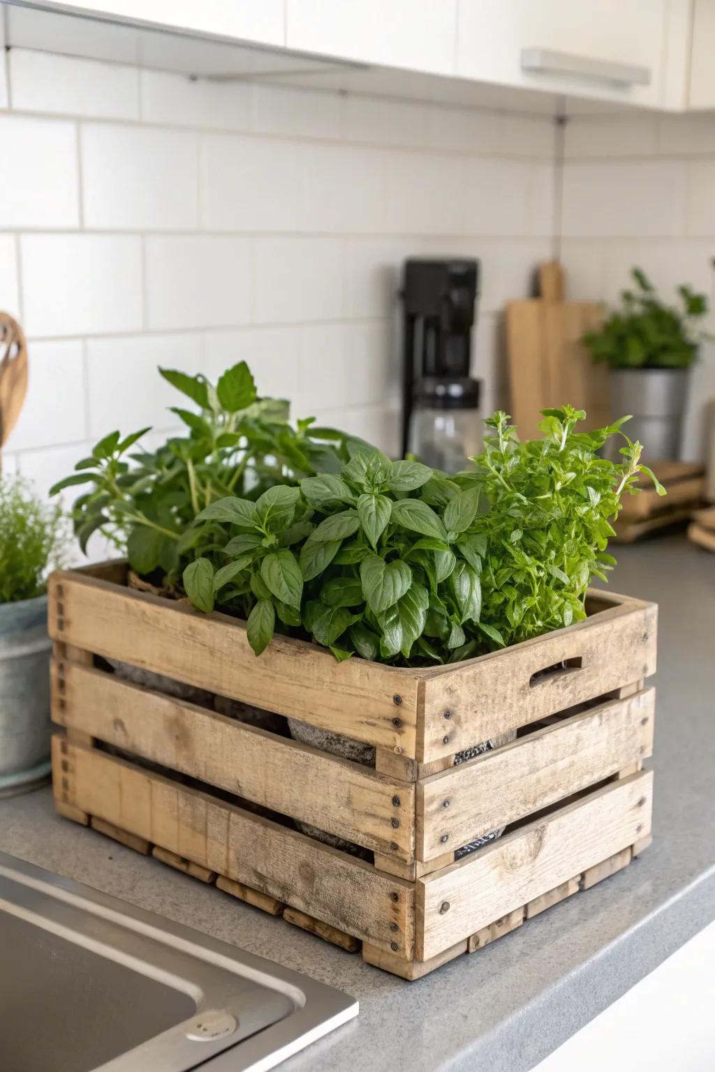 A wooden crate planter brings a touch of nature indoors.