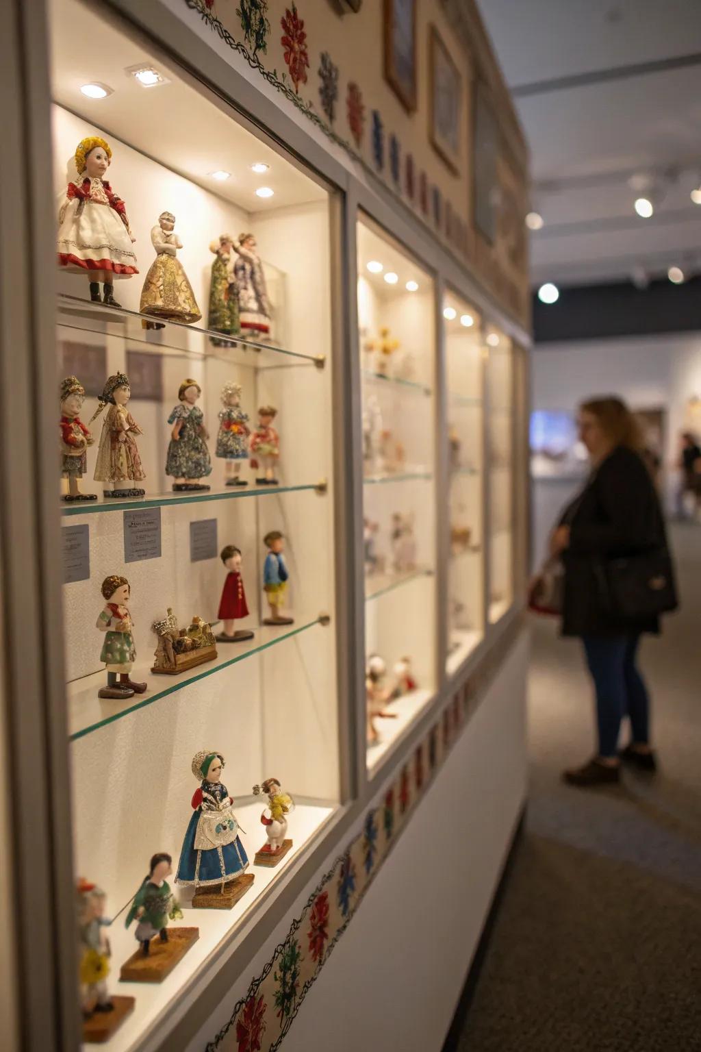 A wall-mounted display case turning dolls into a work of art.