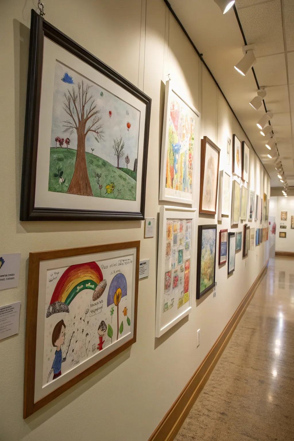 A cohesive gallery wall with matching frames highlighting children's art.