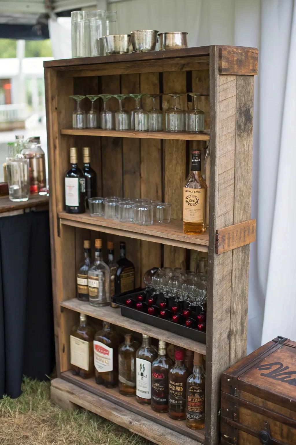 Pallet wood transforms into a rustic and charming liquor cabinet.