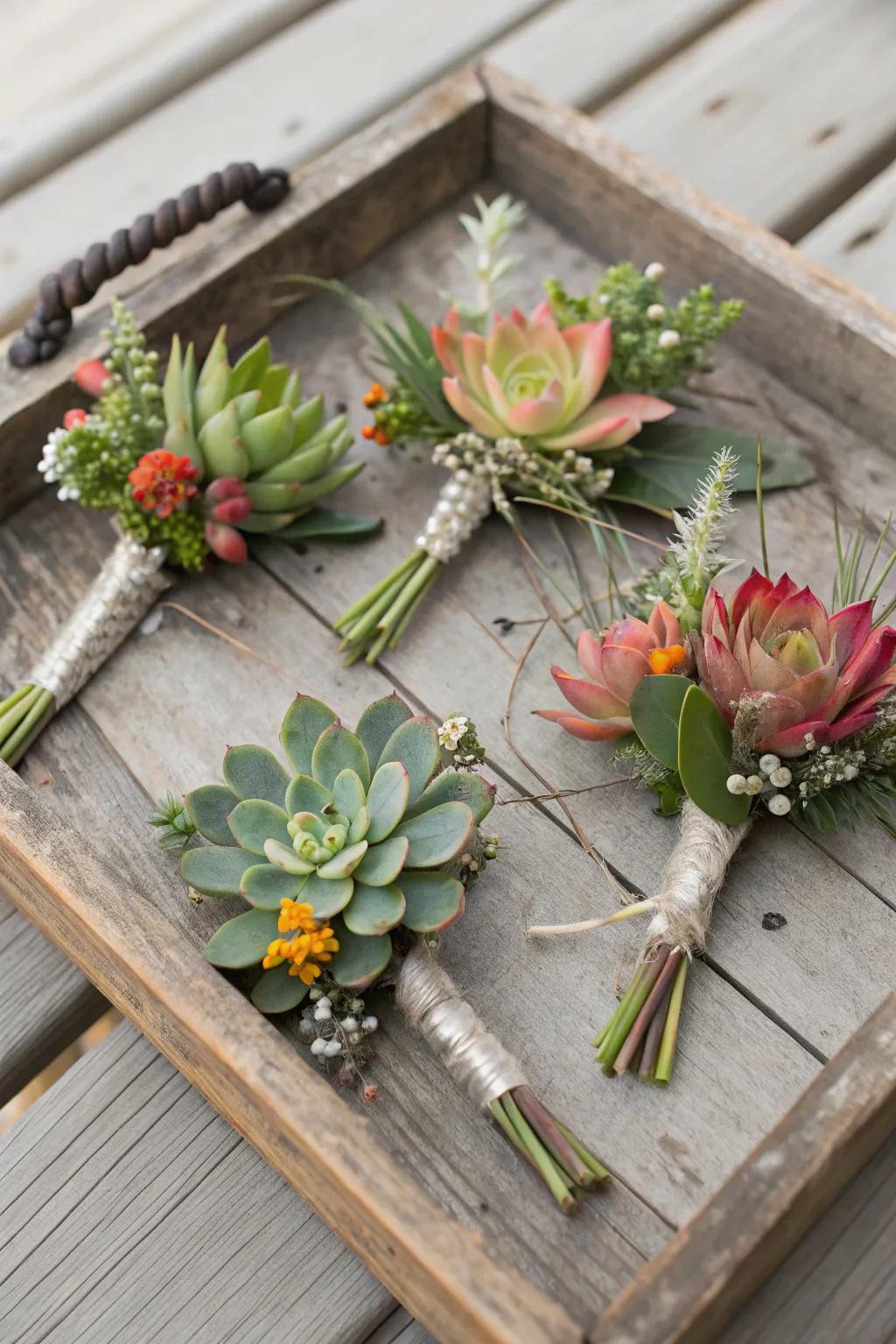 Stylish succulent boutonnieres that last beyond the wedding day.