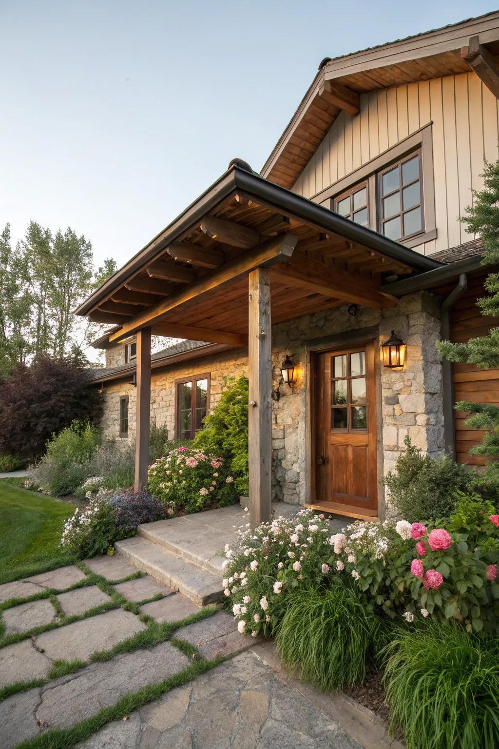 A wooden overhang complements rustic home design beautifully.