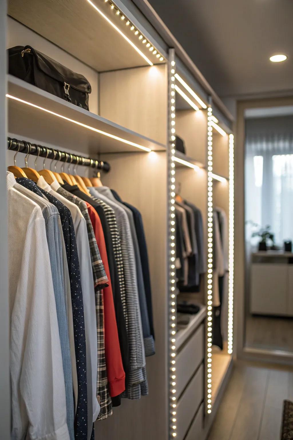 LED lighting brings clarity and elegance to your closet organization.