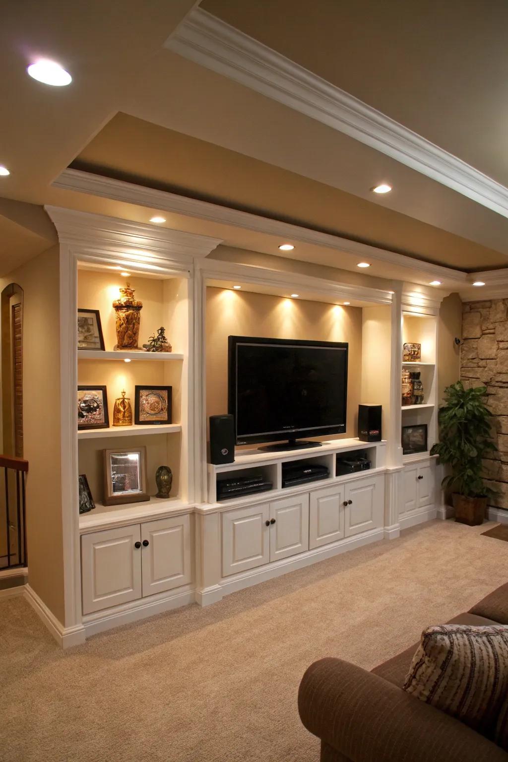 Recessed lighting adds elegance and warmth to this entertainment center.