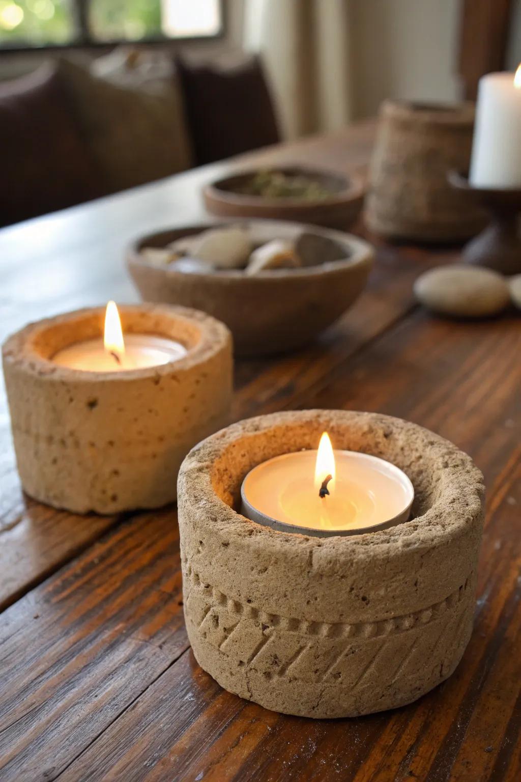 Rustic candle holders made from excavator clay, each beautifully holding a lit candle.