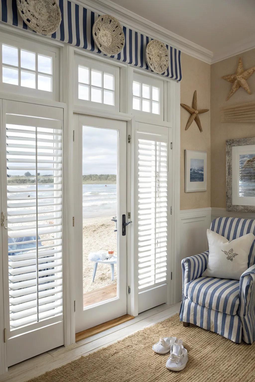 Classic plantation shutters adding charm and functionality to French doors.