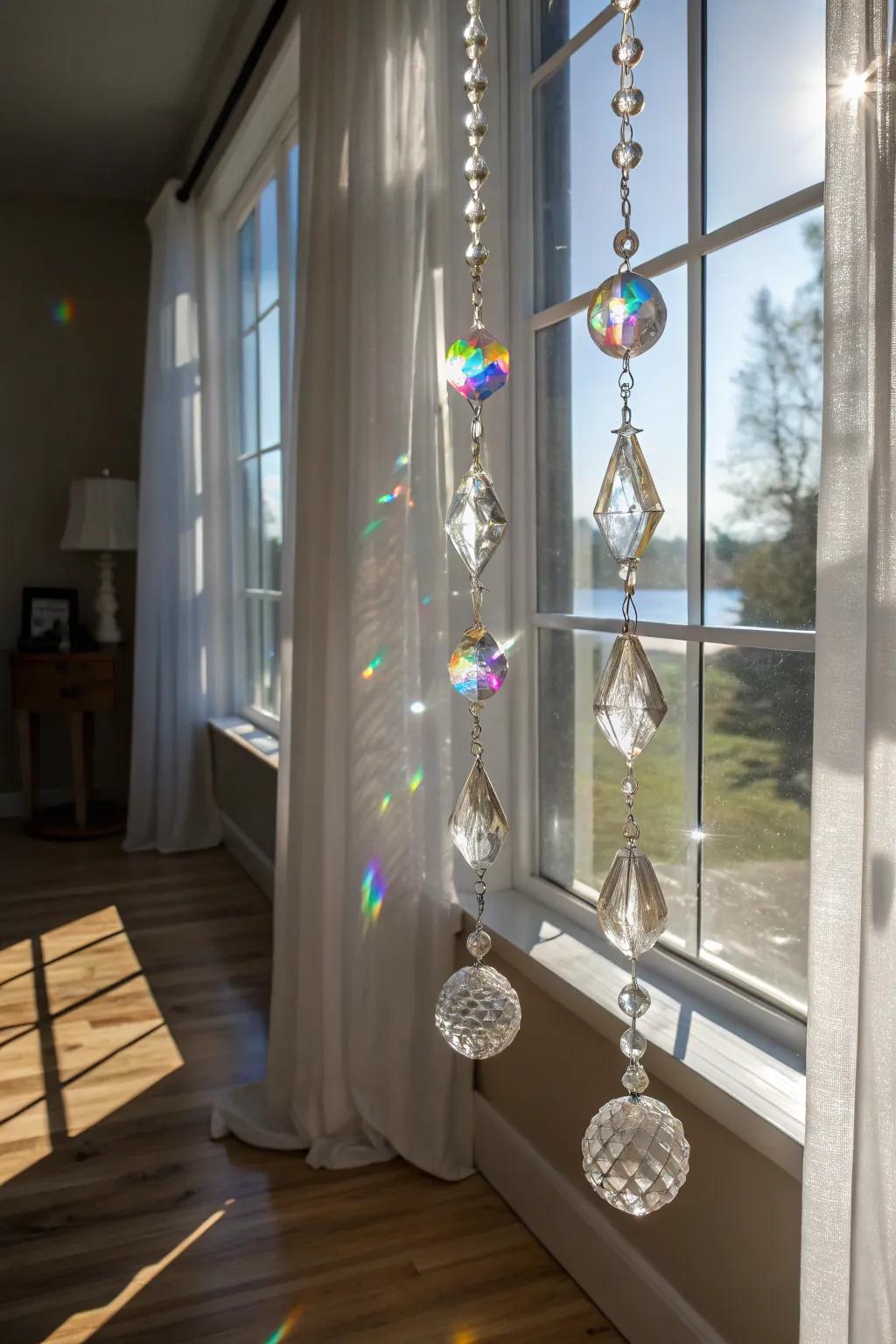 Crystal sun catchers creating a rainbow effect in a sunlit room.