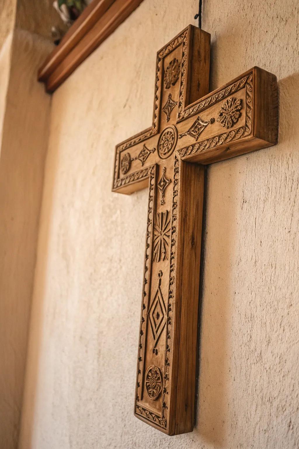 A handcrafted wooden cross with unique carvings.