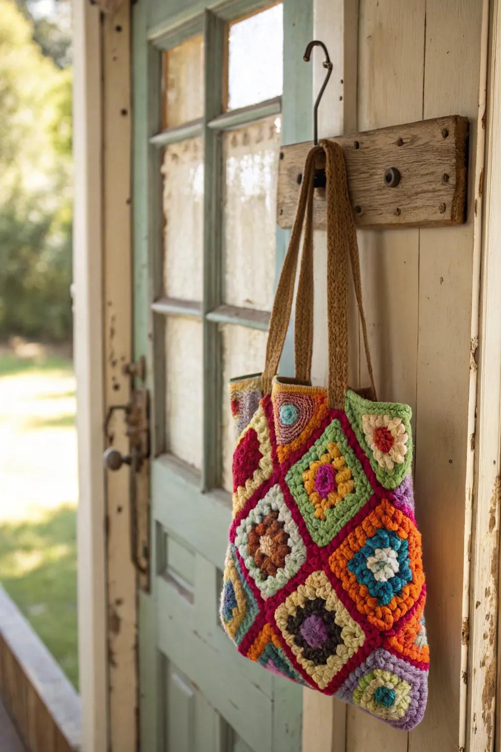 A stylish tote bag crafted from granny squares, perfect for shopping or beach days.