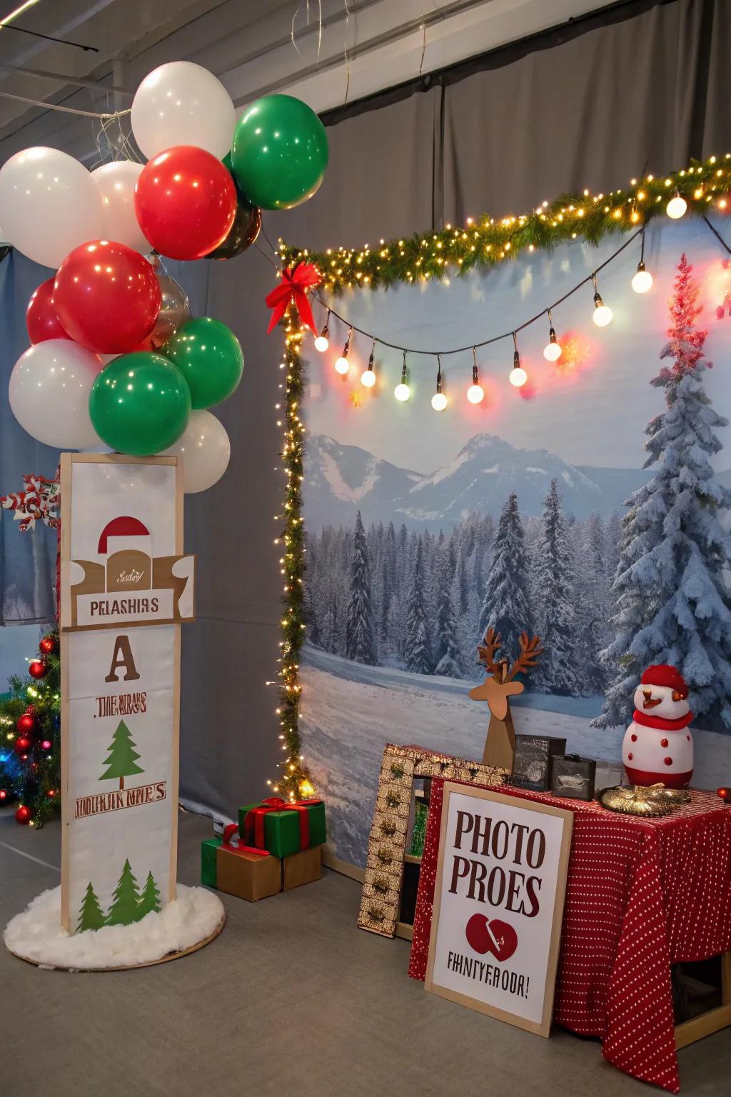 A lively holiday photo booth complete with fun props.