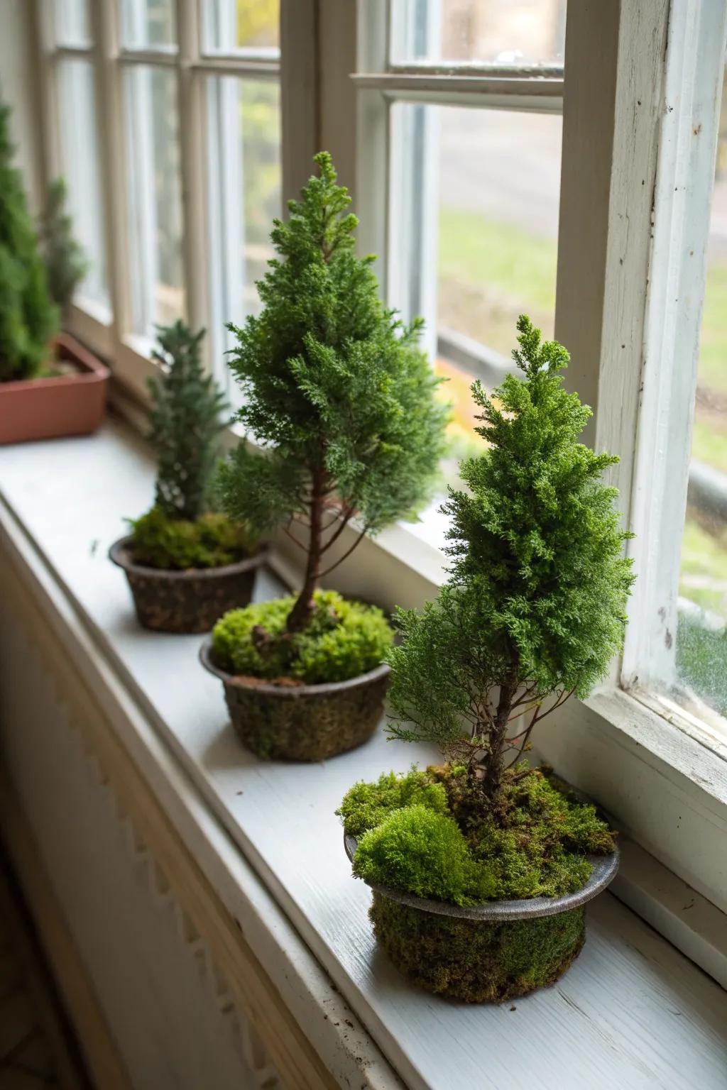 Miniature evergreen trees bringing a natural touch to a windowsill.